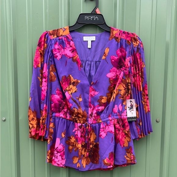 Sofia Jeans V-Neck Sheer Top with Pleated Sleeves Size M - Picture 1 of 9